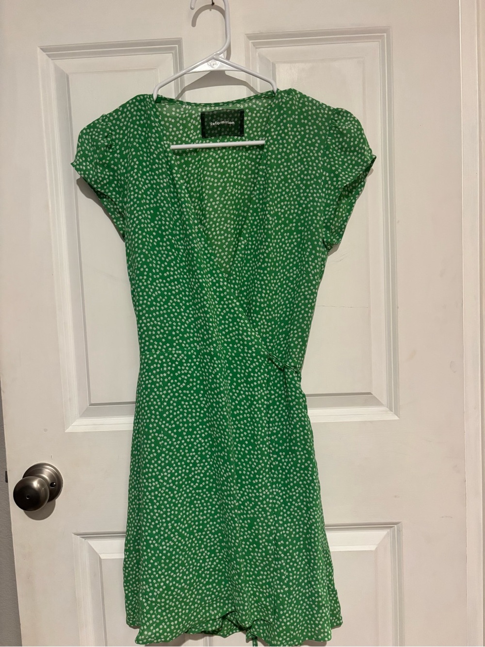 Reformation Green Dot Wrap Mini Dress